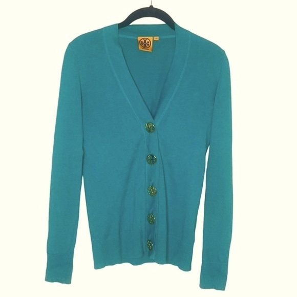TORY BURCH Turquoise Cotton V Neck Cardigan - Picture 1 of 5